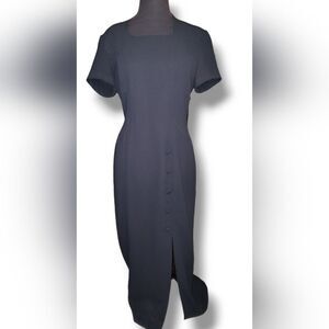 Vintage 90s Marianna Maxi Side Split Short Sleeve Zip Navy Sheath Dress Sz 8